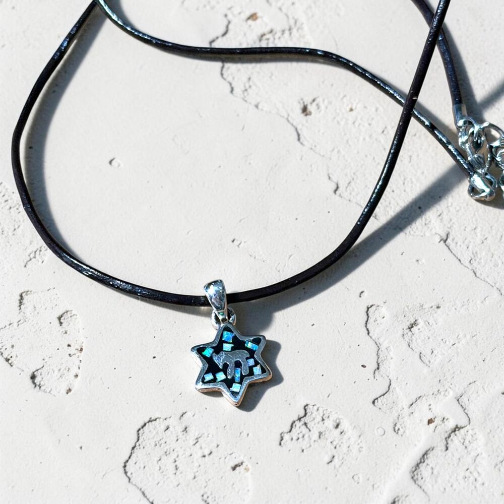 Sterling Silver Star of David Blue Opal Chai Necklace